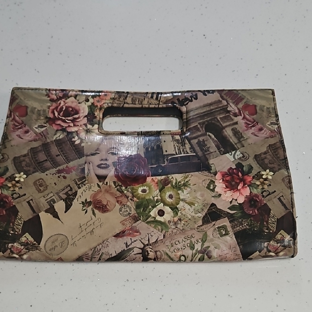Pink and Brown Floral Clutch with Chrome Detail